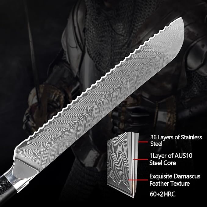 Arisman 8 Inch Bread Knife, Japanese Damascus Steel Chef Knife, Sharp VG10 Kitchen Slicing Knife with Feather Pattern Blade and Full Tang Ergonomic G10 Handle