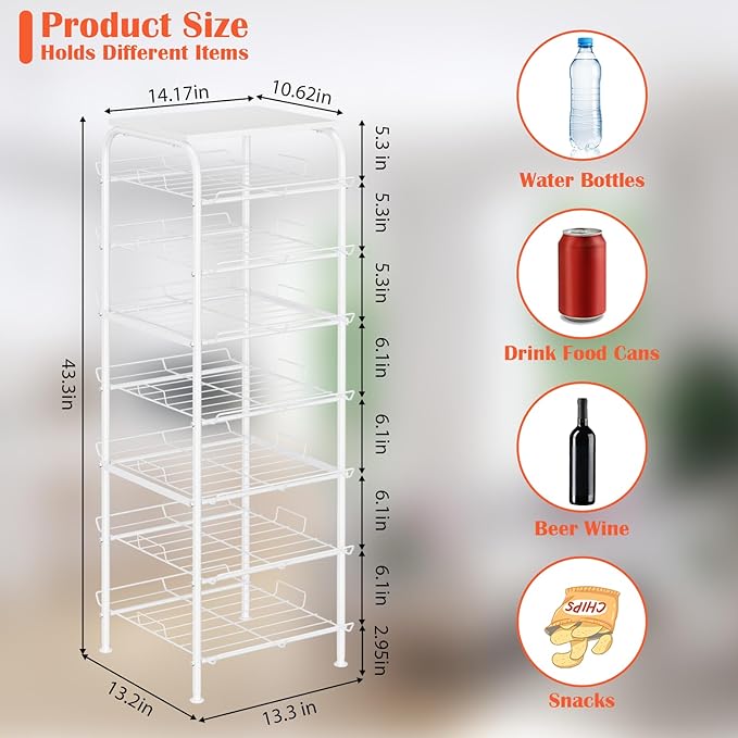 smusei Water Bottle Organizer 7 Tier Free Standing Bottled Water Storage Rack Metal Wire Water Bottle Holder Rack Large Capacity Soda Beverage Drink Stand Shelf for Pantry Kitchen Office, White