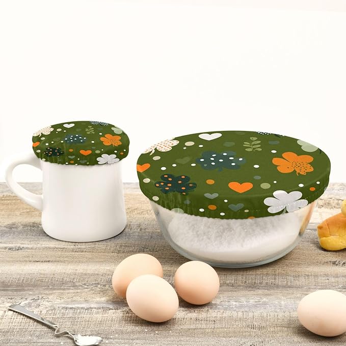 5 Pcs Bowl Covers Reusable in 5 Size Elastic Food Cover Cloth Lids Fresh Keeping Dish Cookware Bakeware Fabric Covers Lids for Food Leftovers Fruits Storage Dark Green Shamrocks Hearts Dots