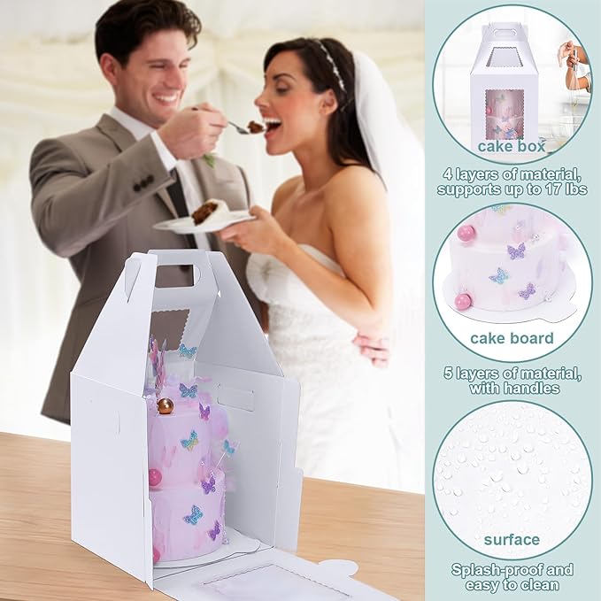 Tall Cake Boxes for Tier Cakes with Cake Boards 4 Pack 10 & 12 Inch Disposable Large Tiered Cake Carrier Take Out Containers with Window for Wedding Birthday Bakery Cake Safe Transport Box