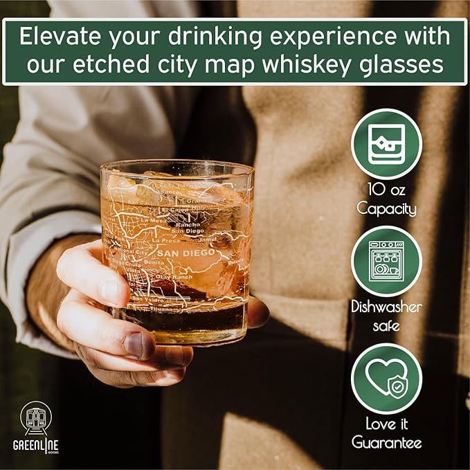 Greenline Goods Whiskey Glasses - 10 oz Tumbler Set for San Diego lovers, Etched with San Diego Map Old Fashioned Rocks Glass - Set of 2