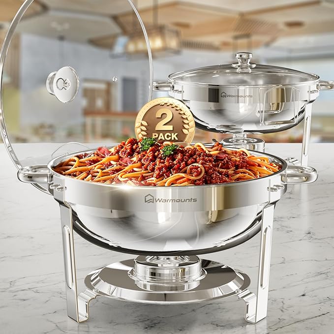 Round Chafing Dishes for Buffet with Glass Lid (5QT, 2 Pack), Chafers and Buffet Warmers Set with Mirror-Polished Stainless Steel, Rolled Rim, Stackable, Lid Holder for Parties, Catering