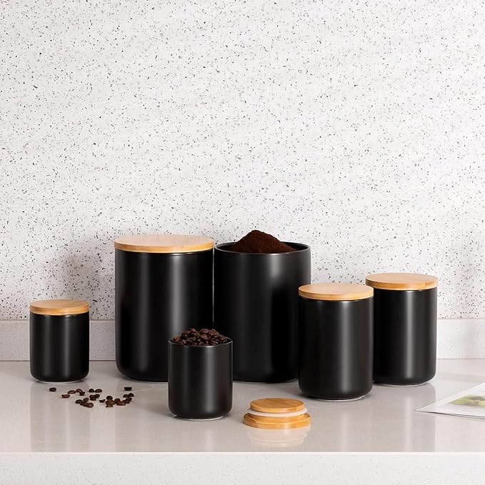 Yangbaga Black Canisters for Kitchen-Kitchen Canisters for Countertop with Airtight Wood Lids/Spoons/Stickers,Ceramic Kitchen Storage Containers for Large Flour,Suger,Coffee（84 OZ