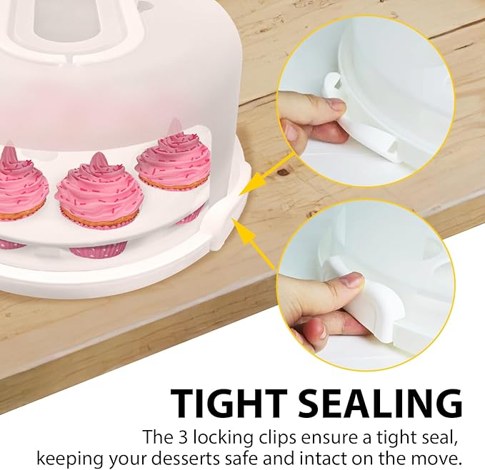 White Plastic Cake Carrier with Lid and Handle, 4 in 1 Multipurpose Cupcake Holder Stand for 11 '' Cake, Round Portable Dessert Storage Container Box with Cover for Pie Pizza Eggs Fruit Snack
