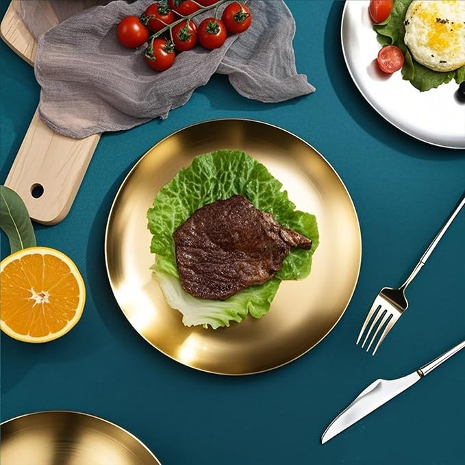 18/8 Stainless Steel Dinner Plate for Main Dishes, Grilled Meat, Dessert, Salad, and Fruit - 9 Inches (23 cm) Large Capacity（Gold-4pc）