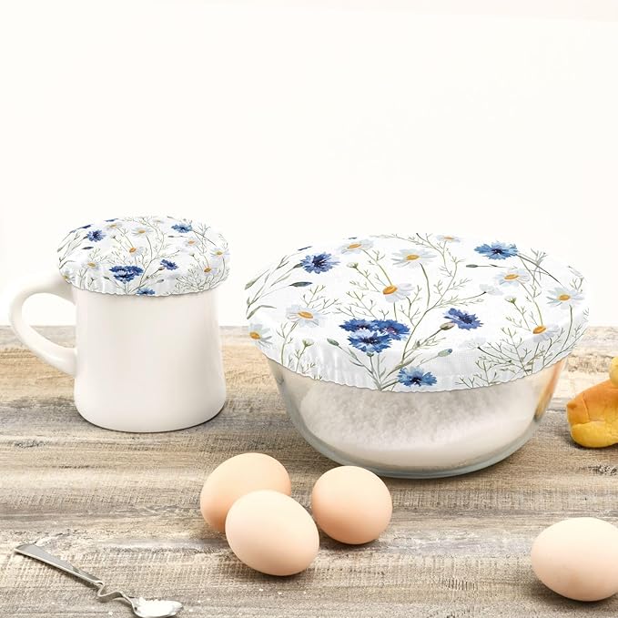 5 Pcs Bowl Covers Reusable in 5 Size Elastic Food Cover Cloth Lids Fresh Keeping Dish Cookware Bakeware Fabric Covers Lids for Food Leftovers Fruits Storage Daisy White