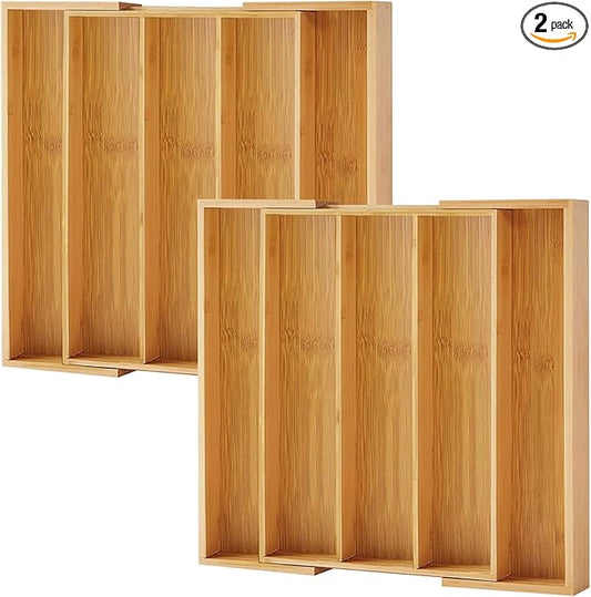 Purawood Kitchen Drawer Organizer, 2 Pack - Expandable Utensil Drawer Organizer for Kitchen, Cutlery Tray & Silverware Organizer, 3-5 Slots - Bamboo Organizer for Utensils & Flatware (Natural)