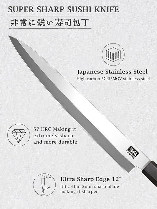 SHAN ZU 10 Inch Sushi Knife, High Carbon Japanese Steel Sashimi Knife, Japanese Knives for Fish Filleting & Slicing, Sushi Making Knives with Red Sandalwood Handle