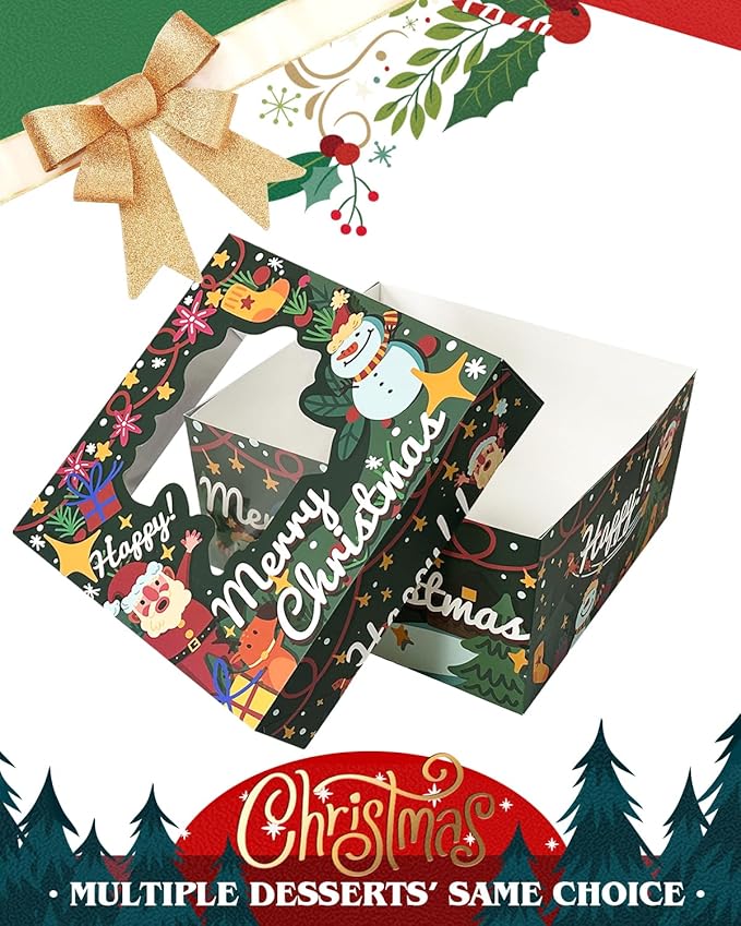 qiqee Christmas 12x12x6 Cake Box, 4Sets Christmas Cake Box with Window ＆ 4Sets 12 Inch Christmas Snow Man Cake Round Boards, 12inch Cake Containers
