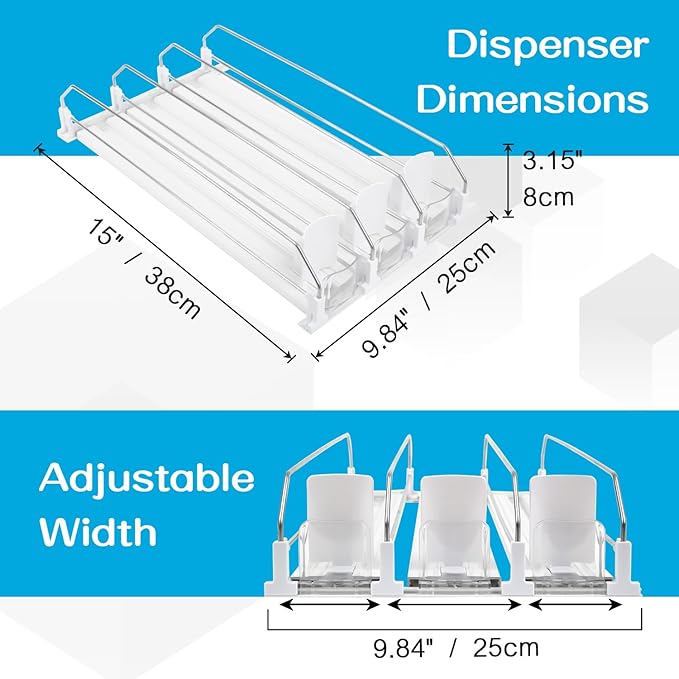 Soda Can Dispenser for Refrigerator, 3 Row Self-Pushing Rack, Fits up to 15 Cans, Width Adjustable Beverage Storage Rack, 15inch White