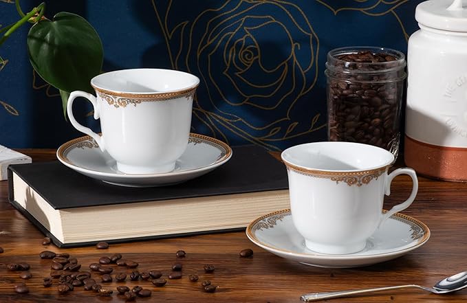 Porcelain Tea Cups and Saucers - 4 Pieces, Vintage Set - White with Gold Floral Edge Design - 5.5 Inch Saucers, 6.5 oz Cups - Perfect for Tea Parties or Every Day Use (Floral Gold 3004, 4 Piece)