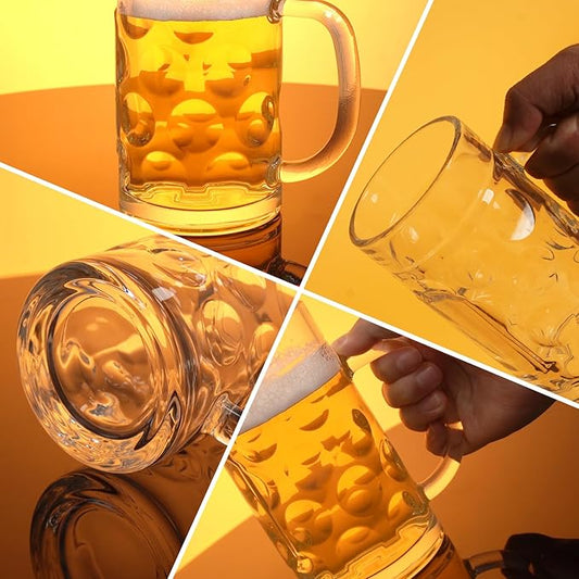 20 OZ Beer Stein Mugs, German Clear Large Tall Beer Glasses With Handle for Men, Wave Point glass Mug Set of 2