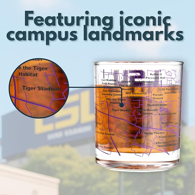 Greenline Goods – University of LSU Tigers College Whiskey Glasses (Set of 2), 10 oz – Full-Color Logo + Campus Map