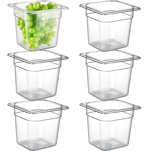 CURTA 6-Pack 1/6 Size 6" Deep NSF Polycarbonate Food Pans | Dishwasher & Freezer Safe Clear Container for Prep Tables, Buffet, Salad Bar, Commercial & Home Kitchen