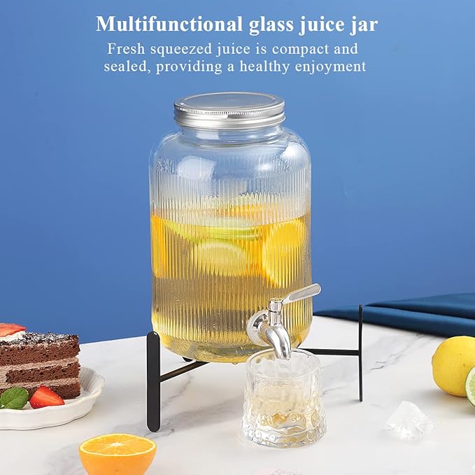 Berglander Glass Drink Dispenser for Fridge, 1 Gallon Beverage Dispenser with Leakproof Stainless Steel Spigot, Water, Laundry Detergent, Juice Dispenser for BBQ, Picnic, Parties and Events (Clear)