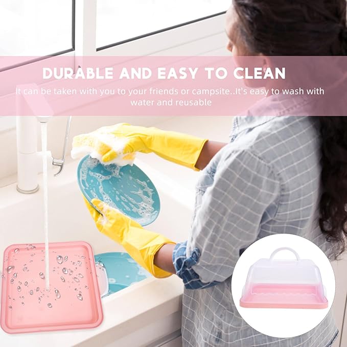 VICASKY 8'' Square Cake Box Portable Dessert carrier, plastic Bread with Handle, small Clear Packing Container for Transparent Carrier Lid Storage Desserts Handle-attached Server 8-inch Pink