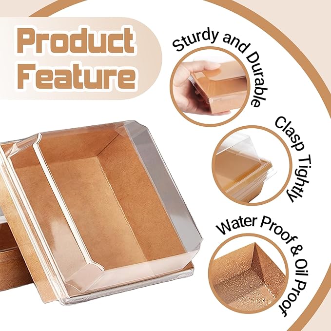 Plastic Charcuterie Boxes with Clear Lids 5in 50pcs, Brown Small Square To Go Paper Bakery Dessert Boxes, Disposable Mini Food Containers for Sandwich Cookie Slice Cake Strawberry Snack