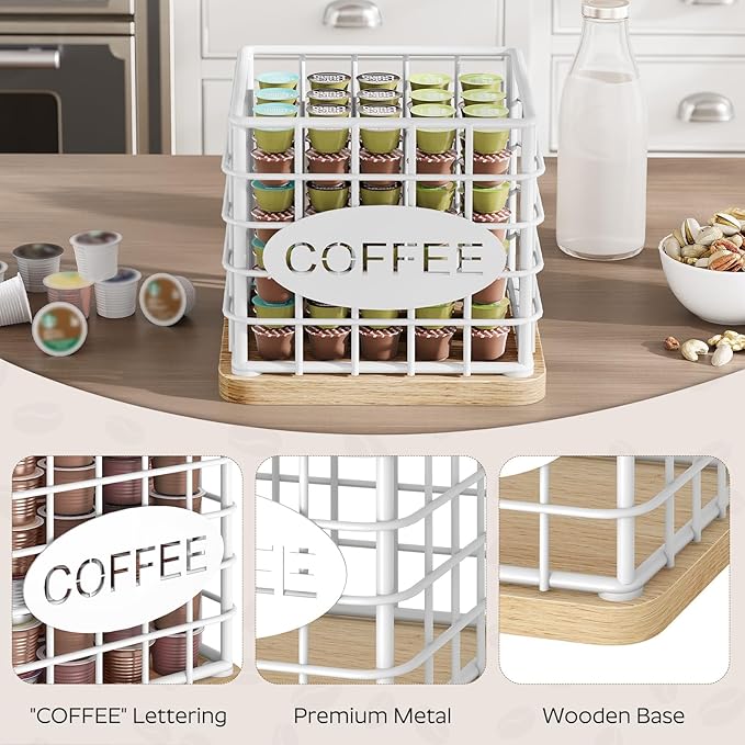 Coffee Pod Holder Organizer, Large Capacity Coffee Pod Basket for K Cup, Coffee Capsule Storage Basket with Wooden Base, Space Saving, for Kitchen Countertop, White and Natural KH10WN