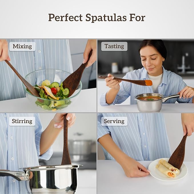 2PCs Wooden Spatula For Cooking, Natural Wenge Spatula For Non-stick Frying Pan, Wooden Spoons for Cooking Utensils Set, Wood Kitchen Utensils Set Spatulas for Kitchen Use Flipping&Turner Wok Spatulas