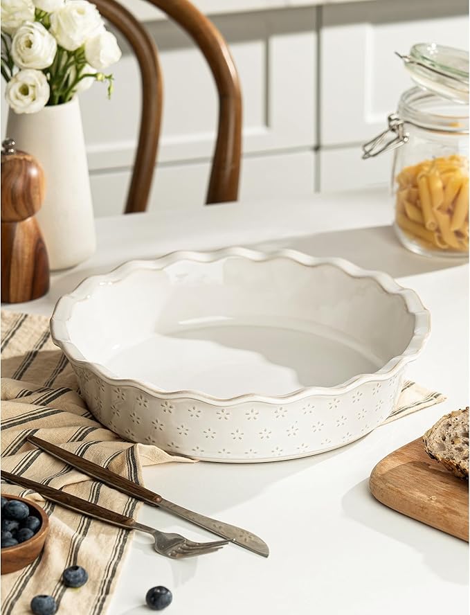 Deep Pie Dish for Baking, Ceramic Pie Pan for Apple Pie, Tart, Quiche Baking Dish, Farmhouse Decor Pie Plate, Deep Dish Pie Pan, Oven Safe, Off-White