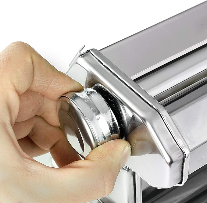 GOURMEX Pasta Maker Machine Stainless Steel Manual | With Adjustable Thickness Settings | Perfect for Homemade Spaghetti Fettuccini Noodles and Lasagna | Includes Removable Handle and Clamp (Silver)