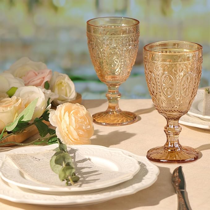 Amber Wine Glasses set of 4, Amber Goblets, Vintage Drinking Glassware, Colored Glassware Set for Party, Home & Wedding
