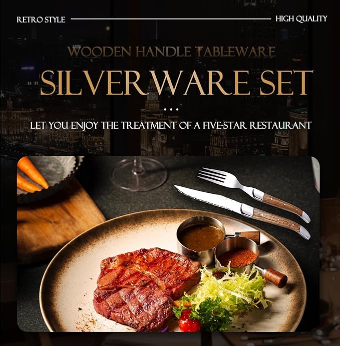 6 Piece Silverware Set, Flatware Set for 2, 1810 Stainless Steel Tableware Cutlery Set With Golden teak wood handle, Utensil Sets for Kitchen,Dishwasher Safe (6pcs)