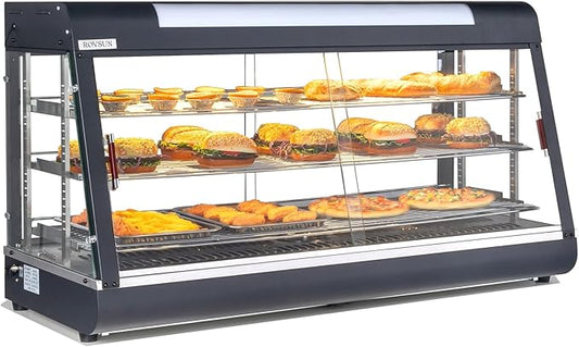 ROVSUN 48" Food Warmer Pizza Warmer Countertop, 3-Tier Food Warmer Display Pretzel Warmer w/LED Adjustable Removable Shelves Front & Rear Doors, Pastry Display Case for Buffet Restaurant, 1800W