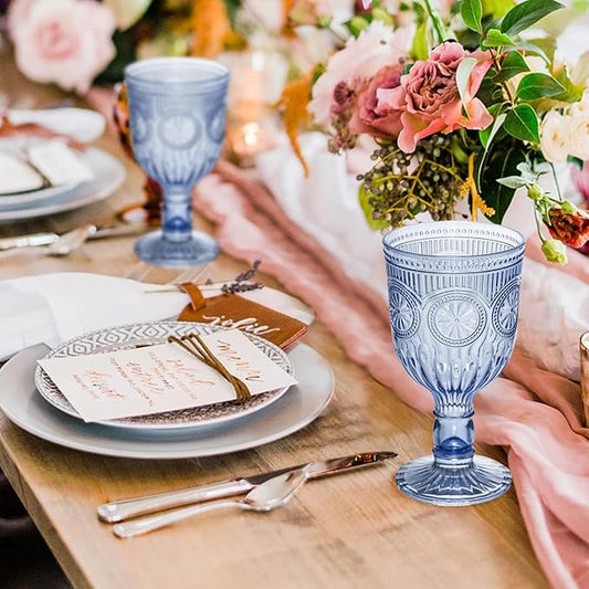 24 Pack Vintage Wine Glasses, Plastic Reusable 12 Ounce Colored Water Goblets, Unique Flower Embossed Pattern Unbreakable Stemmed Wine Glasses High Clear Wedding Party Bar Drinking Cups Blue