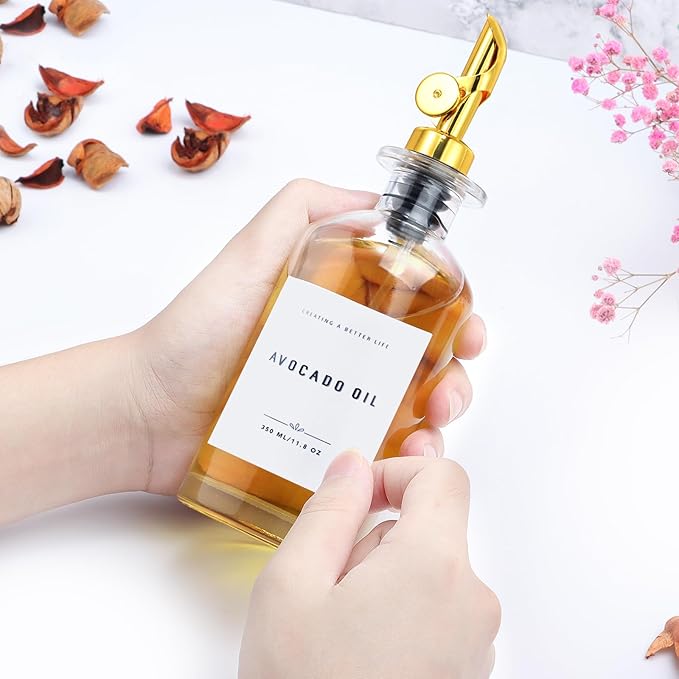 Olive Oil Dispenser Bottle with Bamboo Tray, Metal Pour Spout, Coffee Syrup & Cooking Oil Dispenser for Kitchen