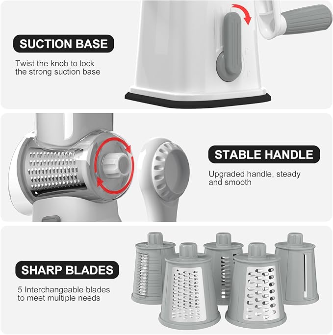 Ourokhome Rotary Cheese Grater Cheese Shredder, Mandoline Vegetable Slicer with 5 Interchangeable Blades and Strong Suction Base for Fruit, Vegetables, Nuts White