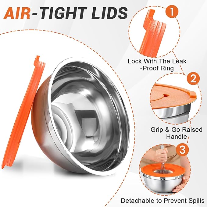 BEWOS Mixing Bowls with Airtight Lids Set - 5 Pcs Stainless Steel Mixing Bowls With 3 Grater Attachments, Size 4.5, 4, 3.5, 2.1, 1.5QT Metal Bowls for Baking and Serving (Colored)