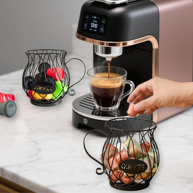 Metal Coffee Pod Holder Wire Coffee Pods Storage Basket Espresso Capsule Storage for Home Kitchen Cafe Hotel (Black teapot)