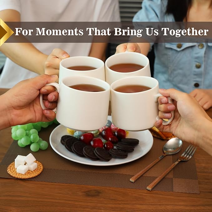 Coffee Mugs Gift Set of 4, Large 19 oz Stackable Ceramic Coffee Mug, Coffee Cups with Large Handle for Latte, Cappuccino, Milk, Dishwasher & Microwave Safe, Ideal Gift for Men, Women - White