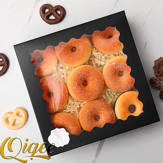 qiqee Auto-pop Up Black Pie Boxes with Window 10x10x2.5 inch 20Packs Cookie Donut Bakery Box