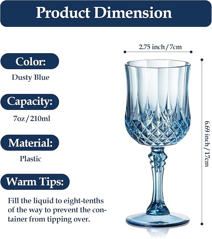 XUWAIDSGN 7oz Plastic Vintage Wine Glasses Drinking Glasses Unbreakable Wedding Glassware Crystal Water Goblets Reusable Drinkware Vintage Champagne Flutes(16, Blue)