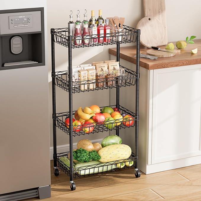 SINGAYE 4 Tier Basket Shelf Wire Shelving Unit Adjustable Storage Shelves Big Basket Rack for Garage Kitchen Office Pantry Corner 17" Dx12 Wx50 H Black