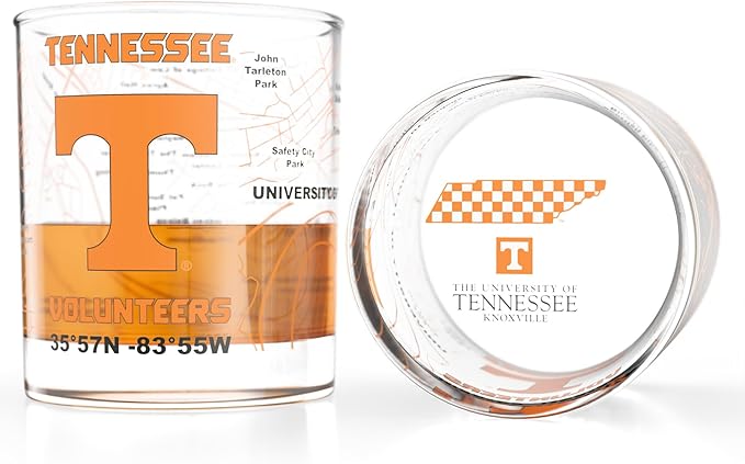 Greenline Goods – University of Tennessee Volunteers College Whiskey Glasses (Set of 2), 10 oz – Full-Color Logo + Campus Map