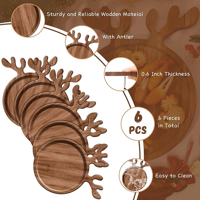 6 Pcs Christmas Appetizer Platter 12 Inch Christmas Cutting Board Acacia Serving Trays Wood Charcuterie Board Tray Snack Dessert Candy Dish Plate for Kitchen Gifts(Deer Antle)