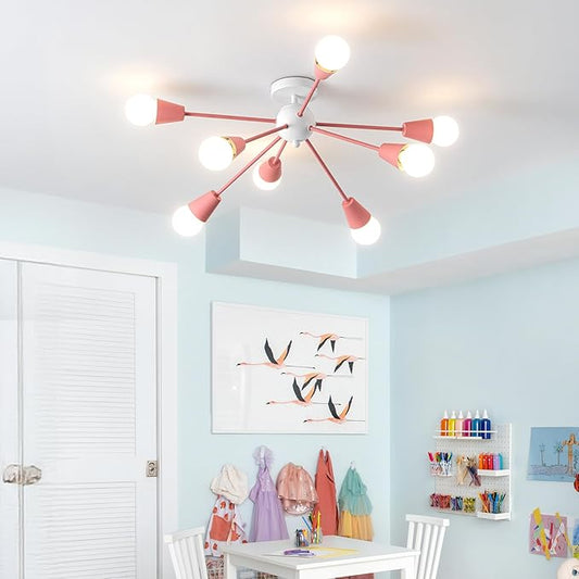 Pink Sputnik Chandelier Ceiling Light Fixture, 8-Lights Modern Sputnik Lights Fixture with E26 Base, Semi Flush Mount Ceiling Light for Bedroom Kitchen Dining Room Entryway
