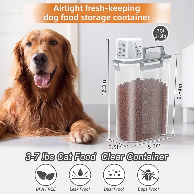 3-5Lbs/3Qt Dog Cat Food Storage Container With foldable bowl. Plastic Pet Food Dispenser for Small Animal Kibble/Pet Food/Bird Seed/Oatmeal/Rice/Flour/Brown Sugart/Cereals (Clear Grey)