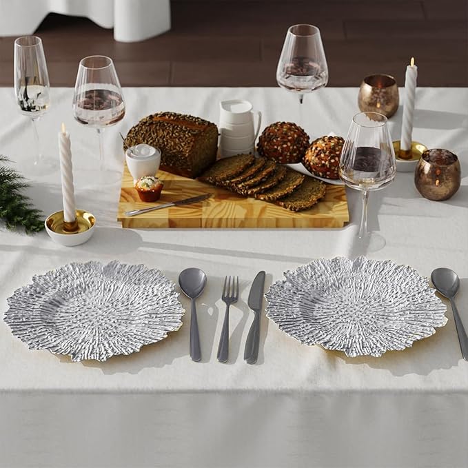 100 PCS Silver Charger Plates, 13" Vintage Decorative Table Plate, Ruffled Rim Plastic Reusable Dinner Charger Plates, for Wedding, Party, Table Setting