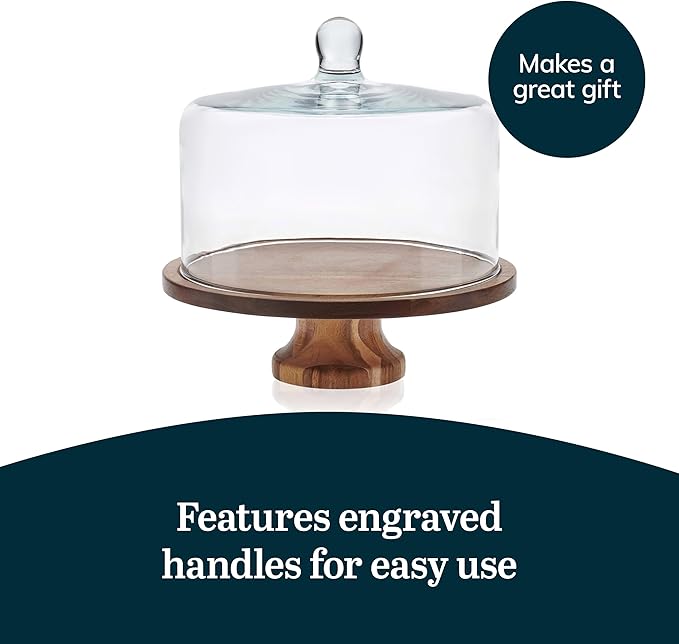 Libbey Acacia Wood Cake Stand with Lid, Footed Round Cake Container, Ball Top Handle Covered Cake Stand, Durable Glass Dome Cover