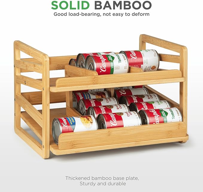 Bamboo Rolling Can Organizer for Pantry, Stackable 2 Tier Canned Food Organizer Rack for Storage, Kitchen Cabinet, Can Holders Dispensers for Pantry Up To 27 Cans