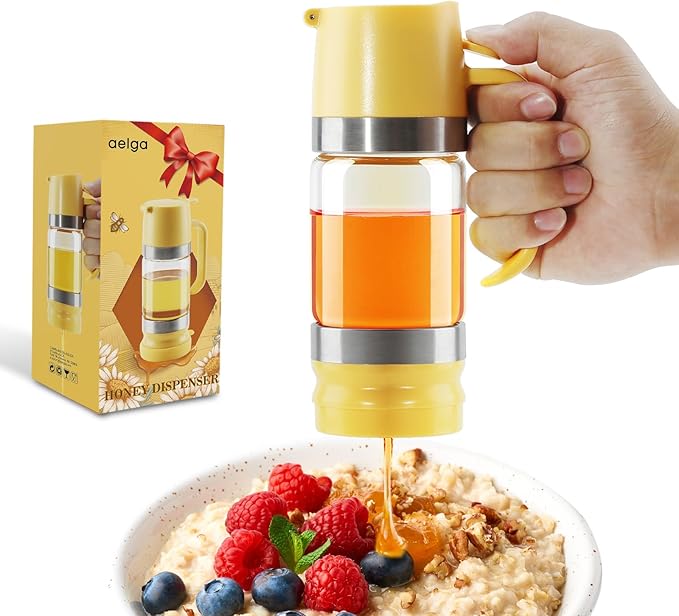 Aelga Glass Honey Dispenser No Drip - 9 OZ Honey Pot Honey Jar with Handle - Maple Syrup Dispenser