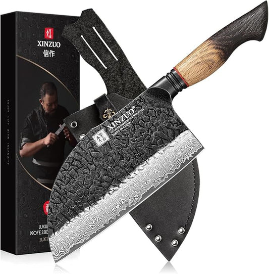 XINZUO 7.3 Inch Hand Forged Butcher Knife With Sheath,67-Layer Damascus Steel With 7Cr17Mov Core Big Knife For Meat Cleaver Cutting Vegetable Cleaver For Kitchen,Camping