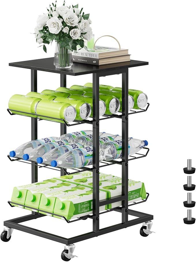 smusei Water Bottle Organizer 3 Tier Free Standing Storage Rack Mobile Beverage Snack Cart with Wheels, Bottled Water Rack for Floor Metal Drink Shelf Stand for Pantry Living Room