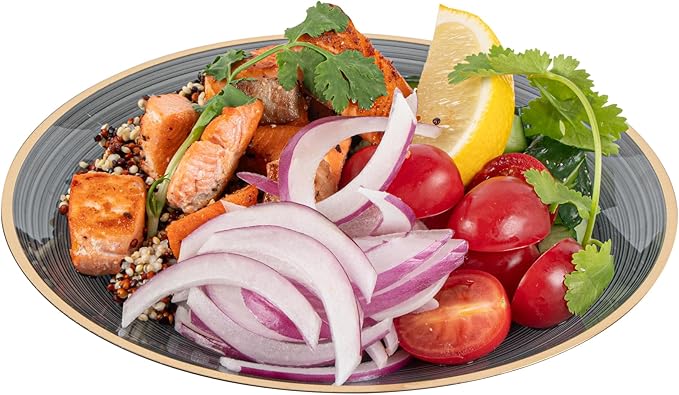 Restaurantware Plastic Plates 100 Pcs 7.25" Gold Rimmed Disposable Plates Heavy-Duty Black Translucent Rippled Plastic Dinner Servers for Party, Weddings, Salads, Desserts, and Appetizers