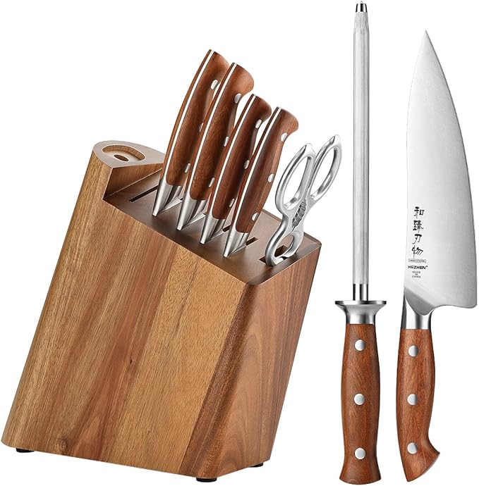 HEZHEN 8-Piece Chef Knife Set with Block and Sharpener, Razor-Sharp, German DIN 1.4116 Steel, Includes Chef, Santoku,Slicing, Utility, Paring Knives and Kitchen Shears