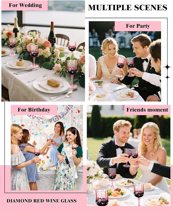 Ciaell 24PCS Pink Plastic Wine Glasses - 7 Oz Plastic Goblets for Party - Pink Vintage Drinking Glasses - Disposable Water Goblets Set for Wedding, Bar, Wine, Beer, Juice, Cocktail, Whiskey